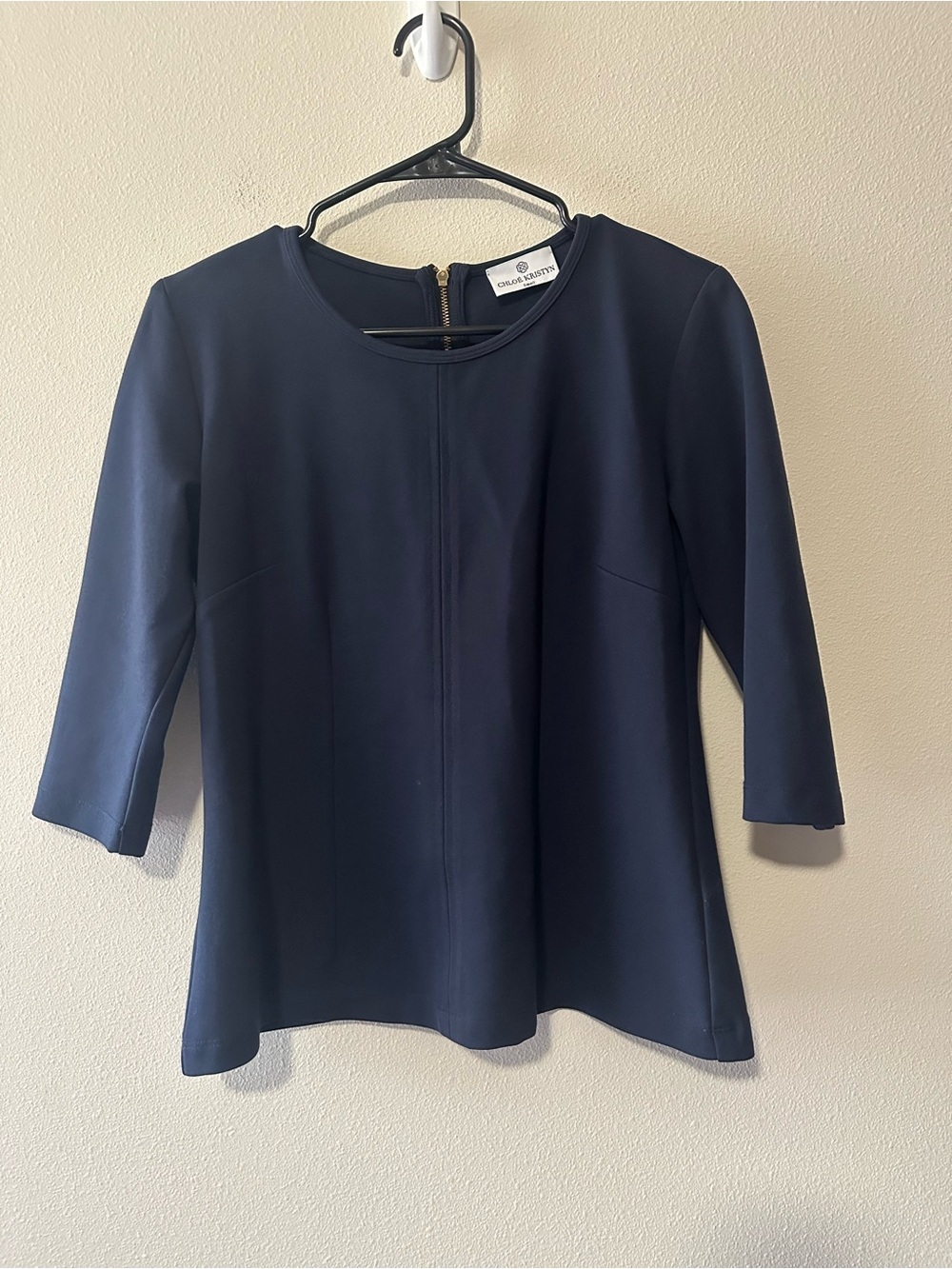 Chloe Kristyn designer suiting top blouse navy gold zipper size small